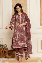 Red Floral Print Lace Work Pure Cotton Kurta Set