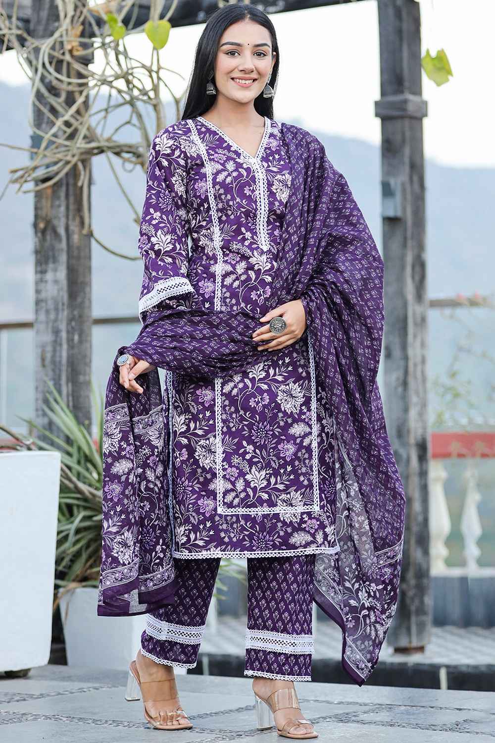 Violet Floral Print Pure Cotton Kurti Set