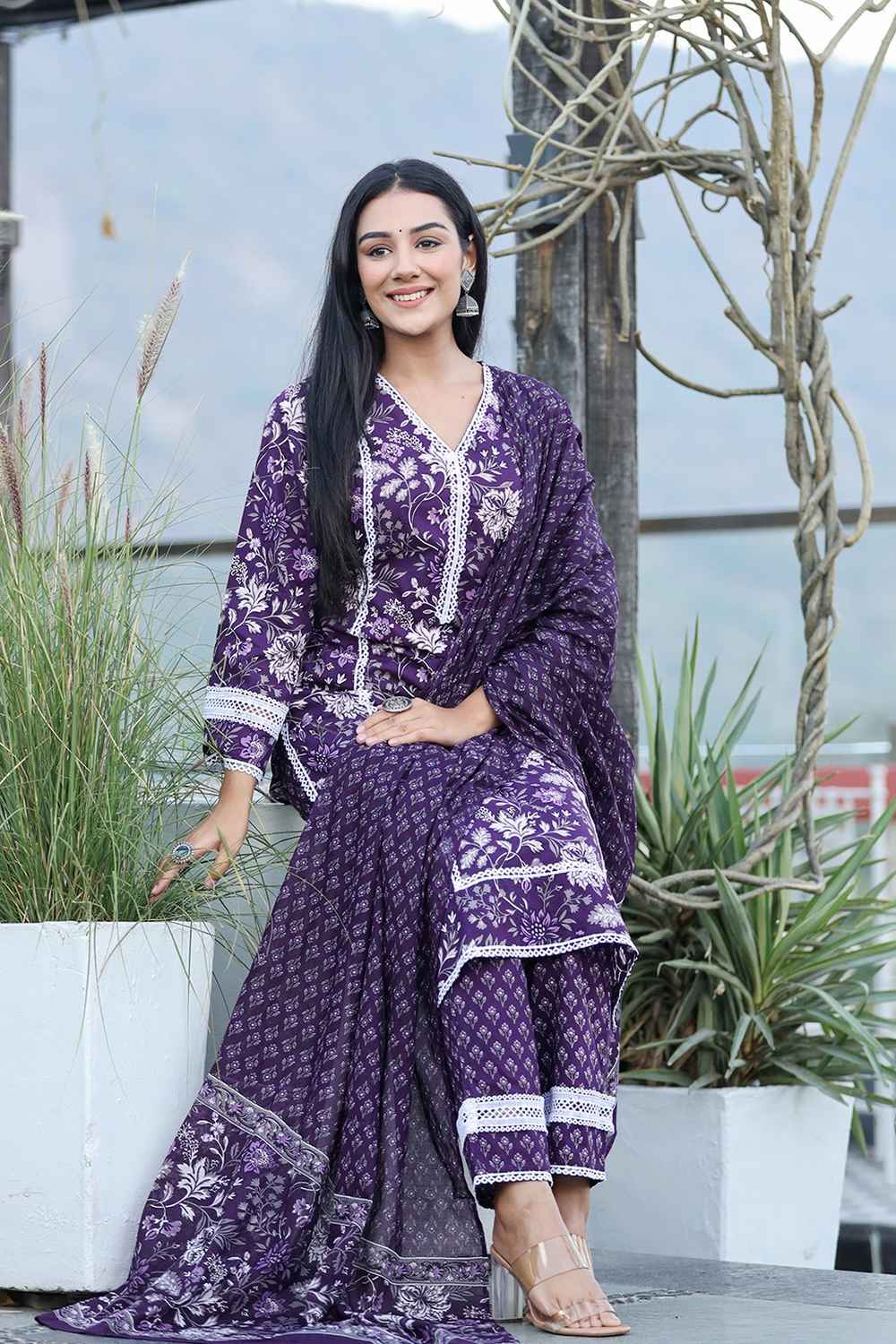 Violet Floral Print Pure Cotton Kurta Set