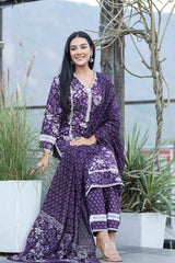 Violet Floral Print Pure Cotton Kurti Set