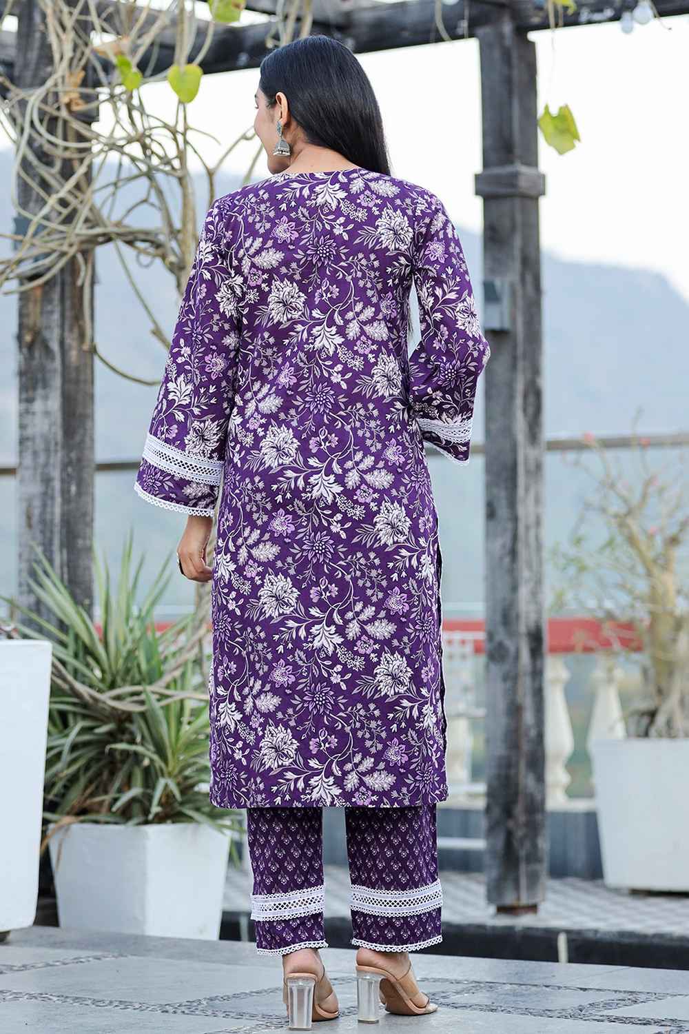 Violet Floral Print Pure Cotton Kurti Set