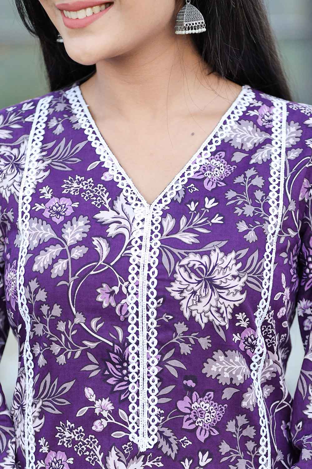 Violet Floral Print Pure Cotton Kurti Set