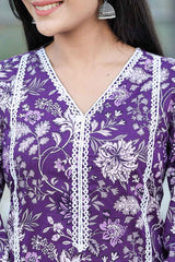 Violet Floral Print Pure Cotton Kurta Set