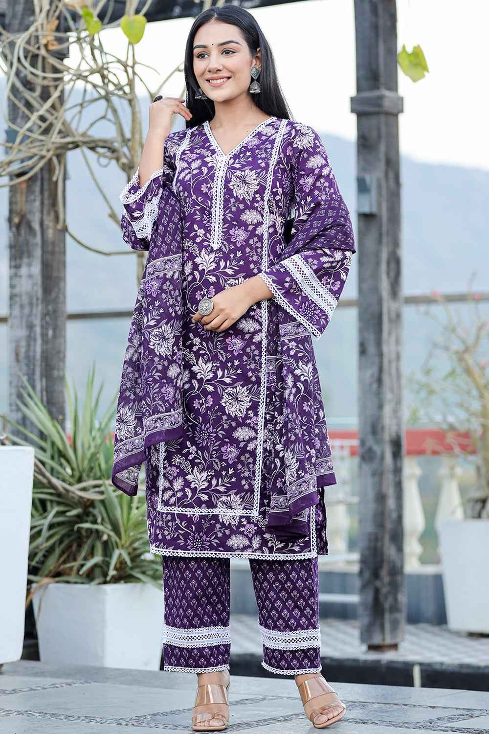 Violet Floral Print Pure Cotton Kurti Set