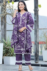 Violet Floral Print Pure Cotton Kurta Set