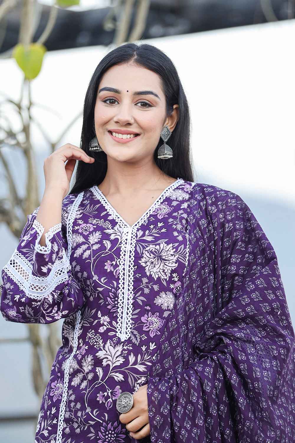 Violet Floral Print Pure Cotton Kurta Set