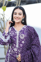 Violet Floral Print Pure Cotton Kurti Set