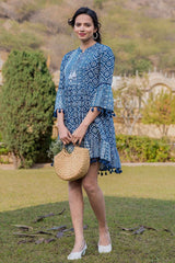 Blue Ethnic Motifs Lace Work Pure Cotton Dress