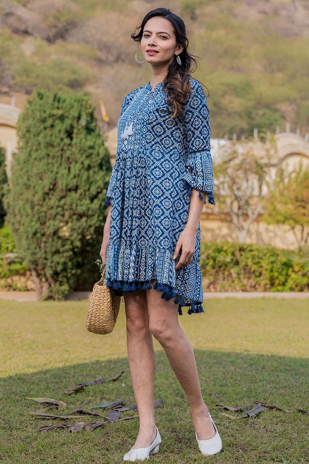 Blue Ethnic Motifs Lace Work Pure Cotton Dress