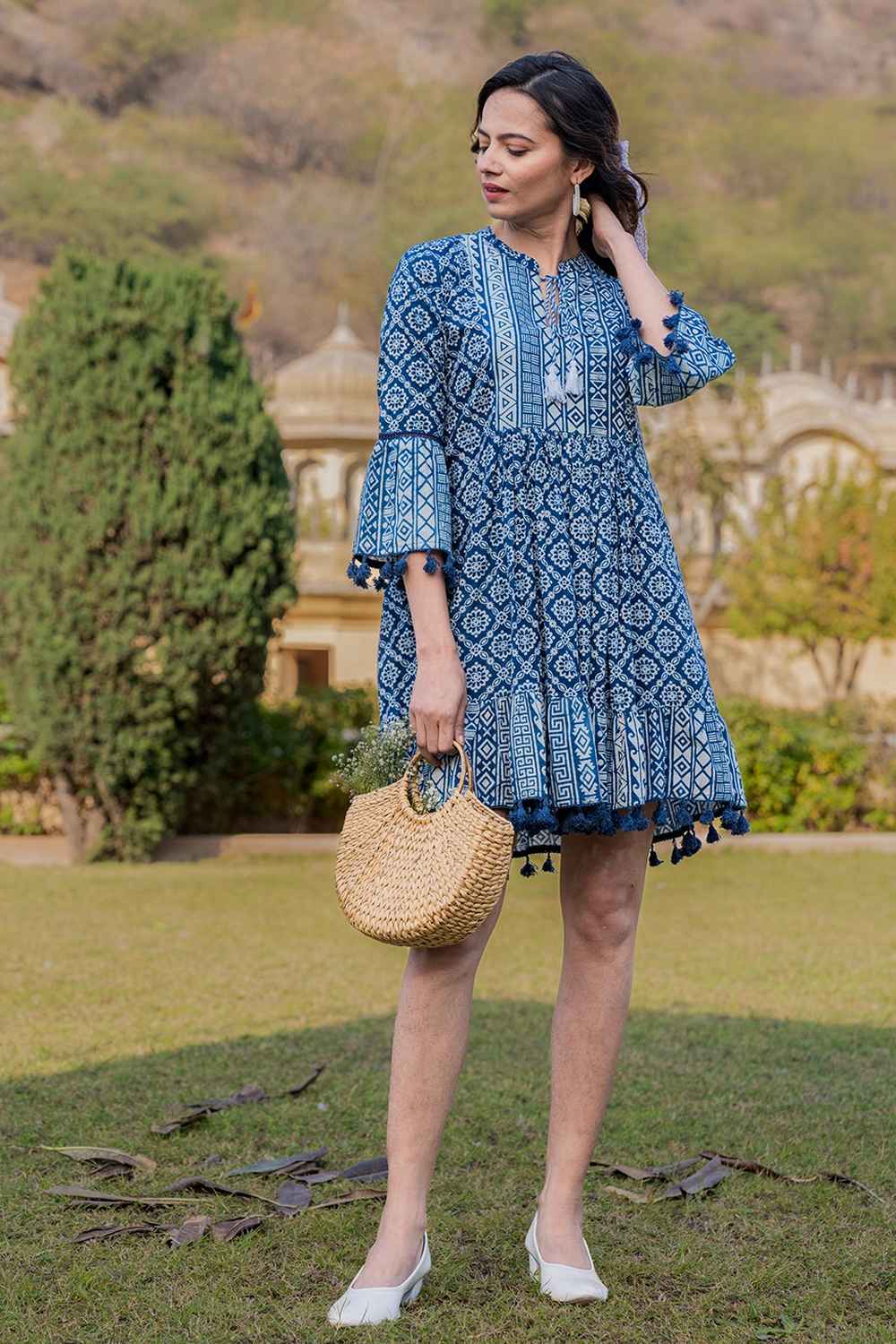 Blue Ethnic Motifs Lace Work Pure Cotton Dress