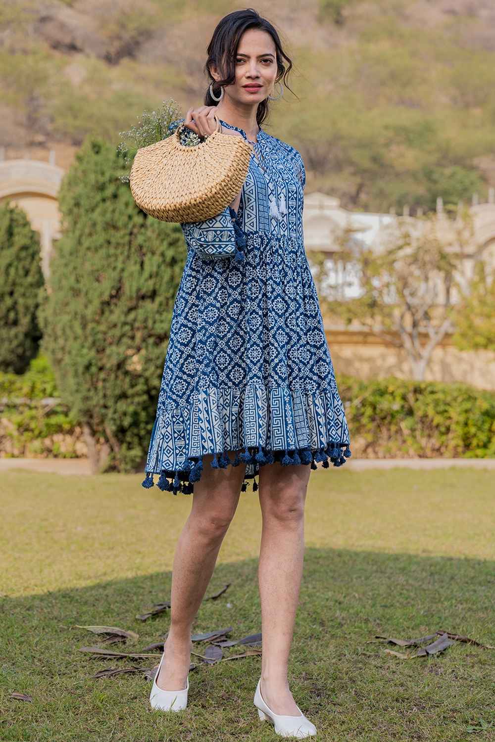 Blue Ethnic Motifs Lace Work Pure Cotton Dress