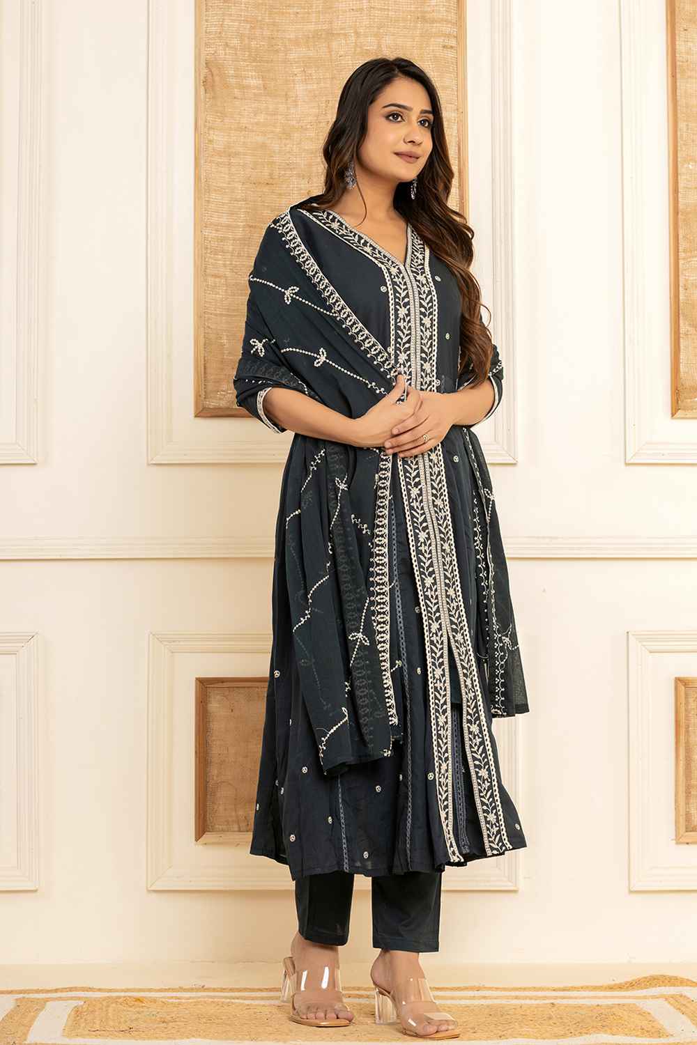 Blue Solid Embroidered Pure Cotton Kurta Set