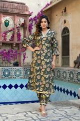 Olive Floral Print Patch Work Muslin Silk Kurta Set