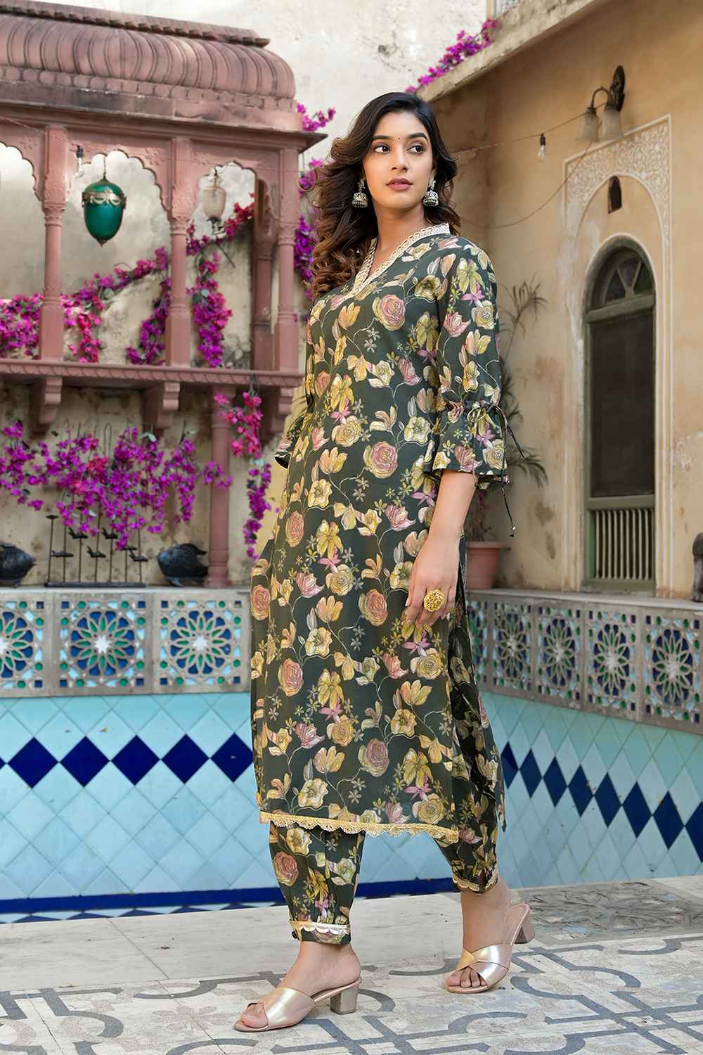 Olive Floral Print Patch Work Muslin Silk Kurta Set