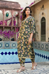 Olive Floral Print Patch Work Muslin Silk Kurti Set