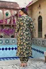 Olive Floral Print Patch Work Muslin Silk Kurta Set