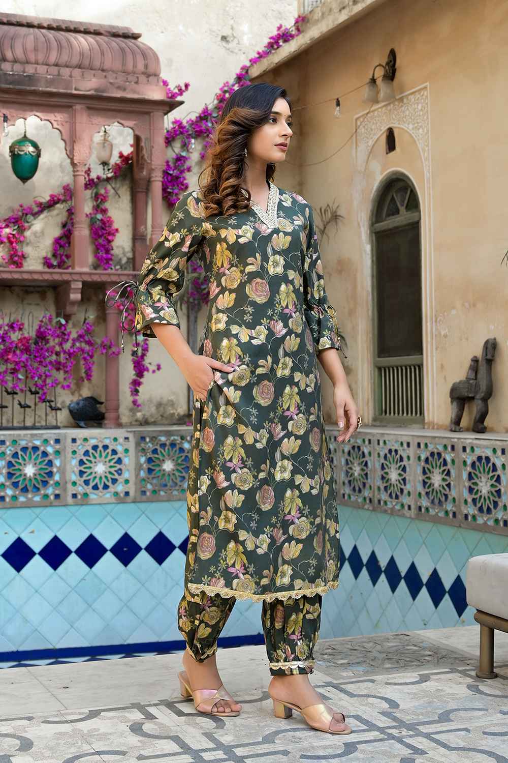 Olive Floral Print Patch Work Muslin Silk Kurta Set