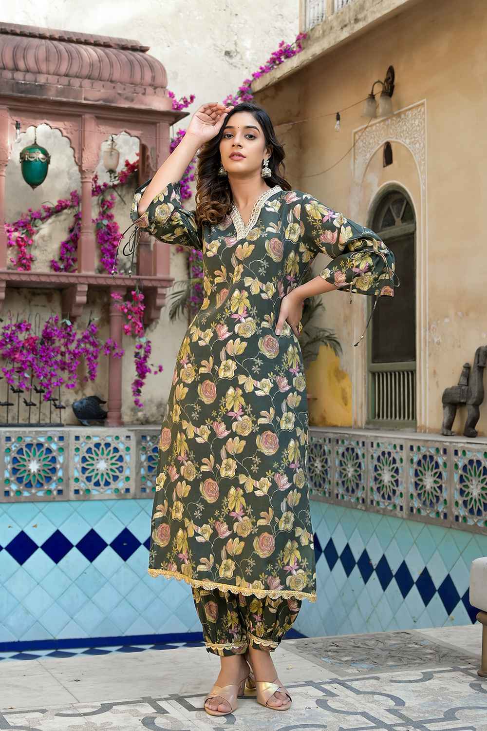 Olive Floral Print Patch Work Muslin Silk Kurti Set