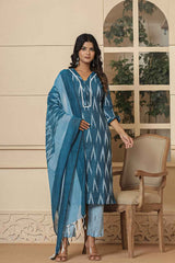 Blue Ikat Print Pure Cotton Kurti Set