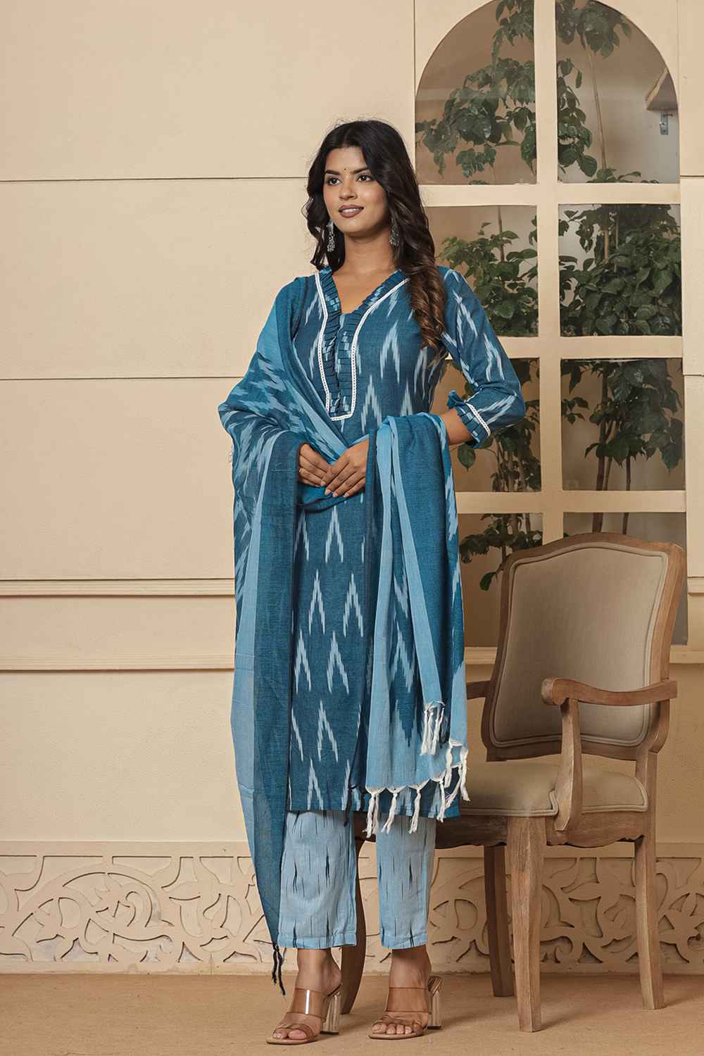 Blue Ikat Print Pure Cotton Kurta Set