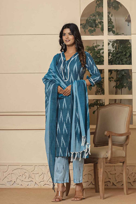 Blue Ikat Print Pure Cotton Kurti Set