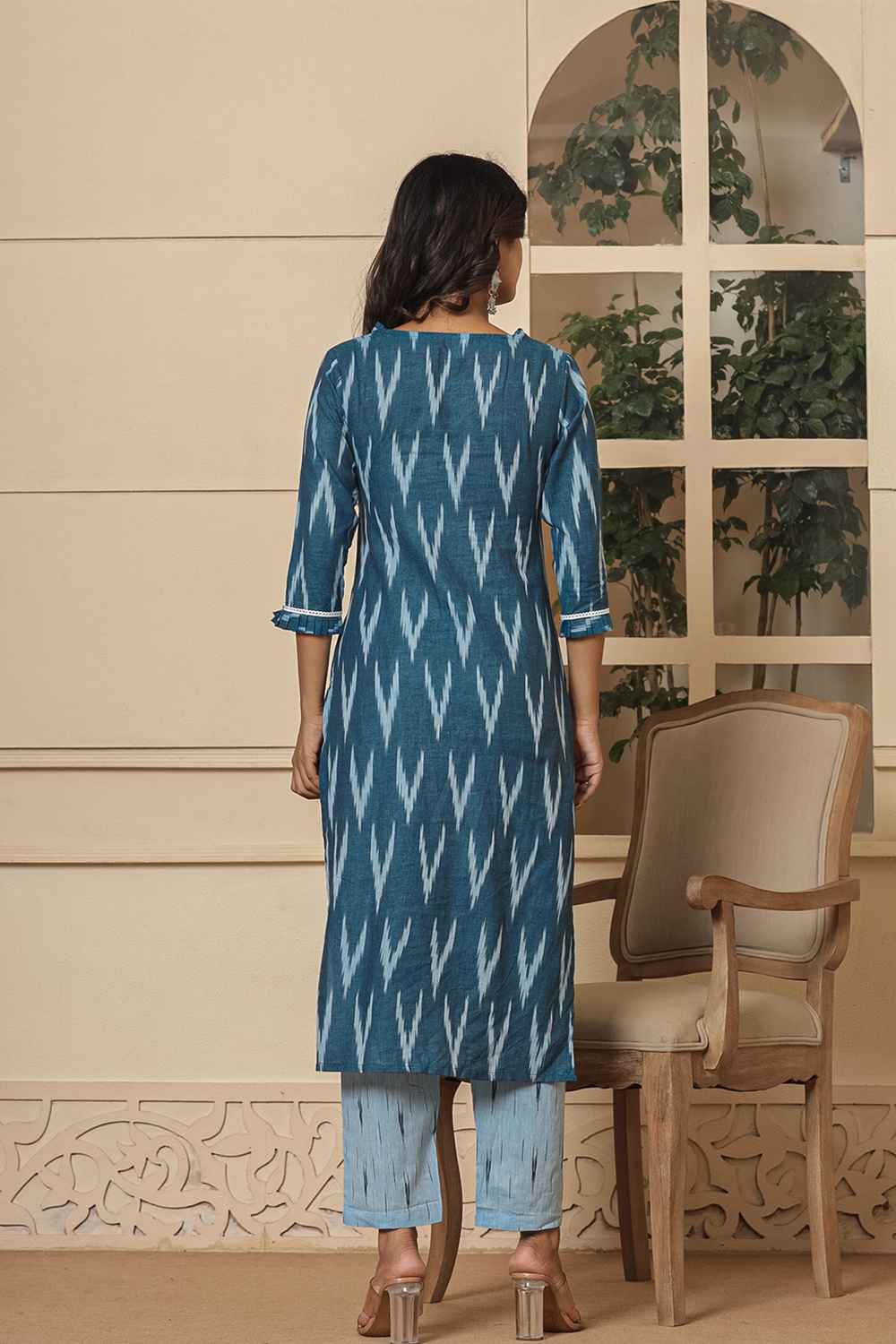 Blue Ikat Print Pure Cotton Kurta Set