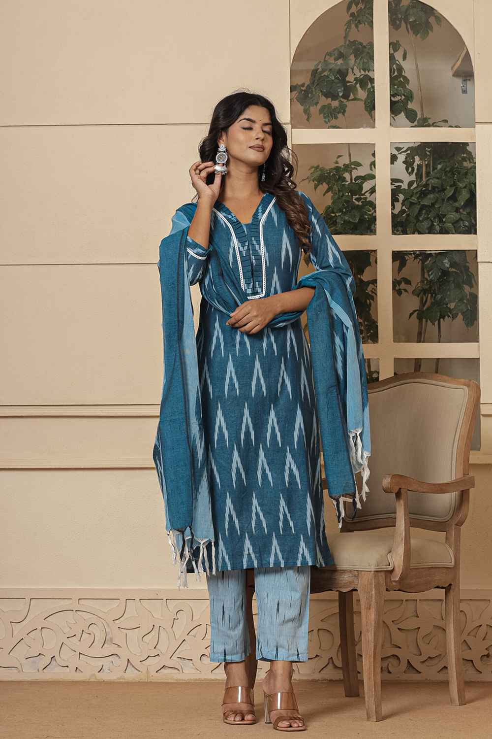 Blue Ikat Print Pure Cotton Kurti Set