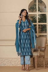 Blue Ikat Print Pure Cotton Kurti Set