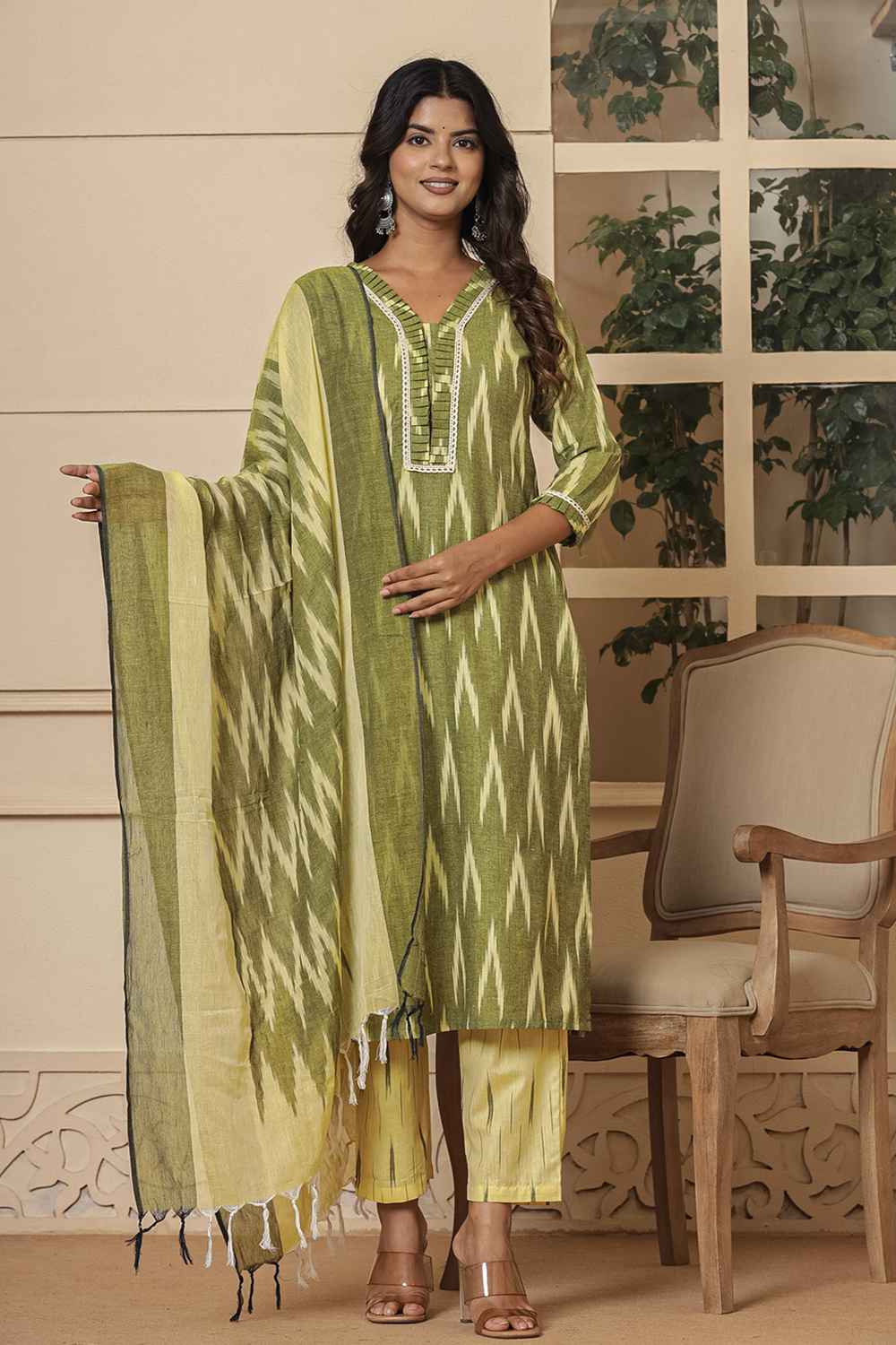 Green Ikat Print Pure Cotton Kurta Set