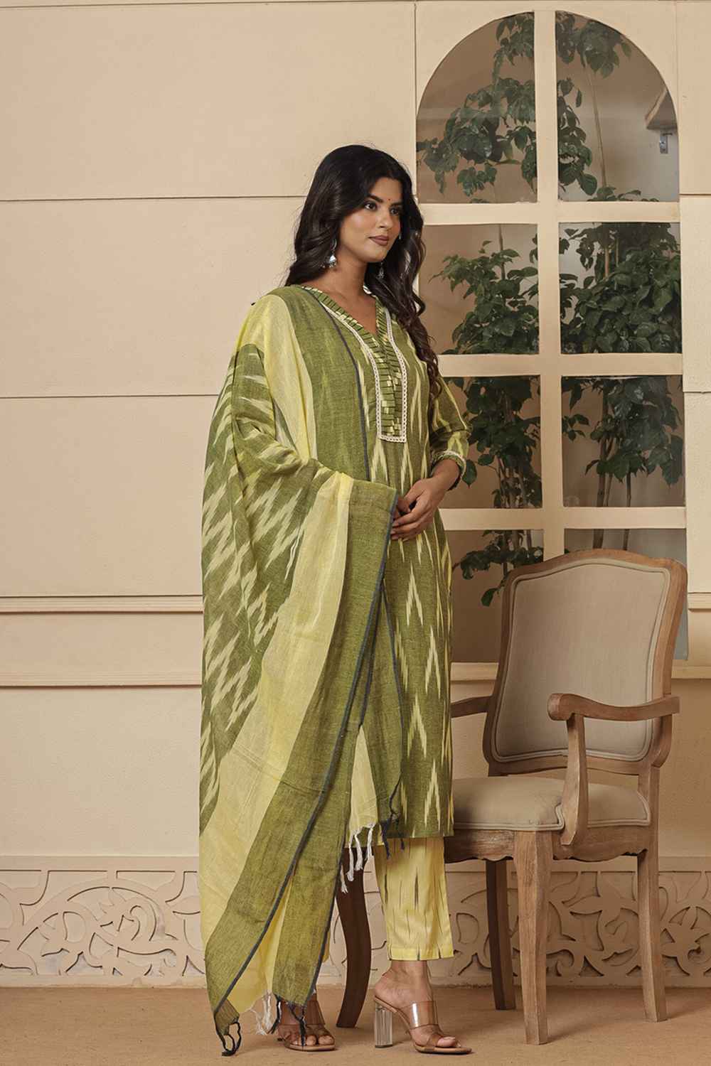 Green Ikat Print Pure Cotton Kurta Set