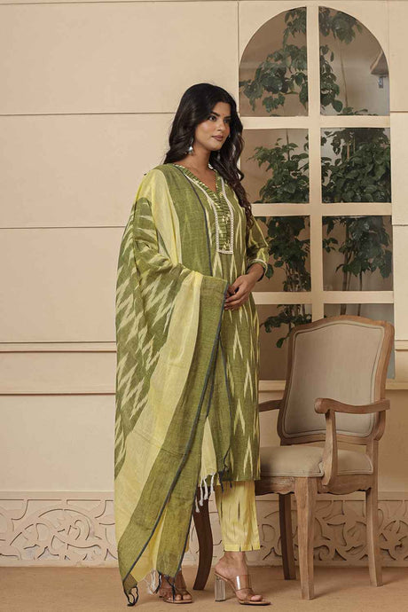 Green Ikat Print Pure Cotton Kurti Set