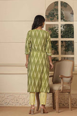 Green Ikat Print Pure Cotton Kurti Set