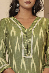 Green Ikat Print Pure Cotton Kurti Set