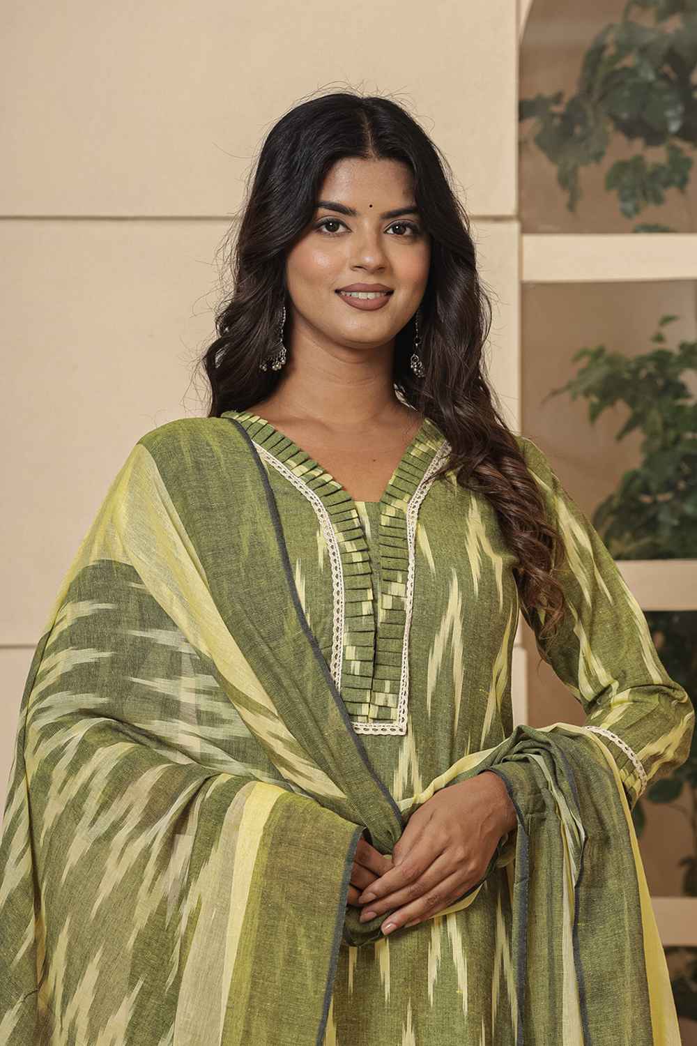 Green Ikat Print Pure Cotton Kurta Set