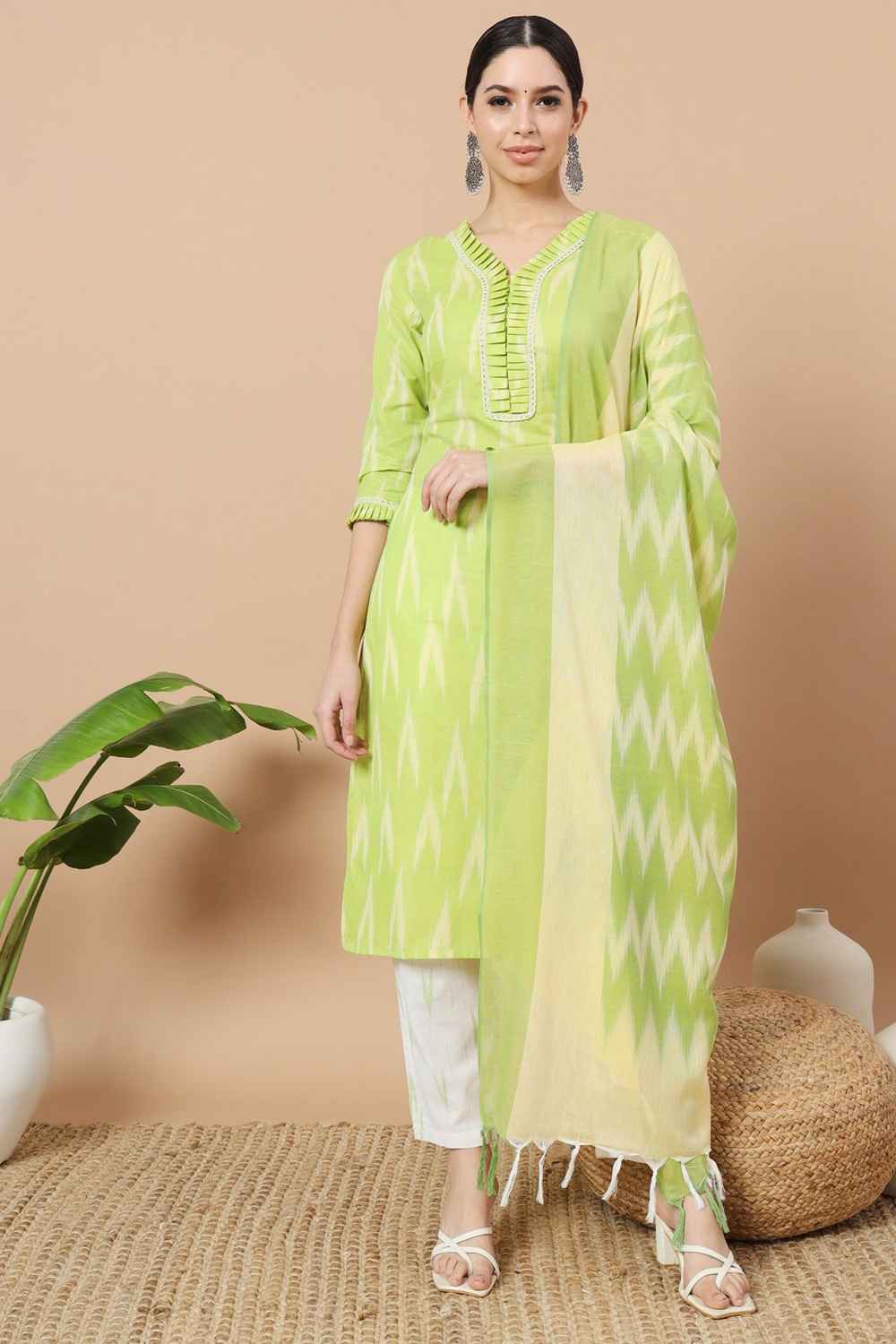 Green Ikat Print Pure Cotton Kurti Set