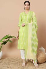 Green Ikat Print Pure Cotton Kurti Set