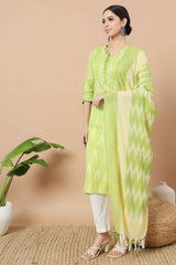 Green Ikat Print Pure Cotton Kurta Set