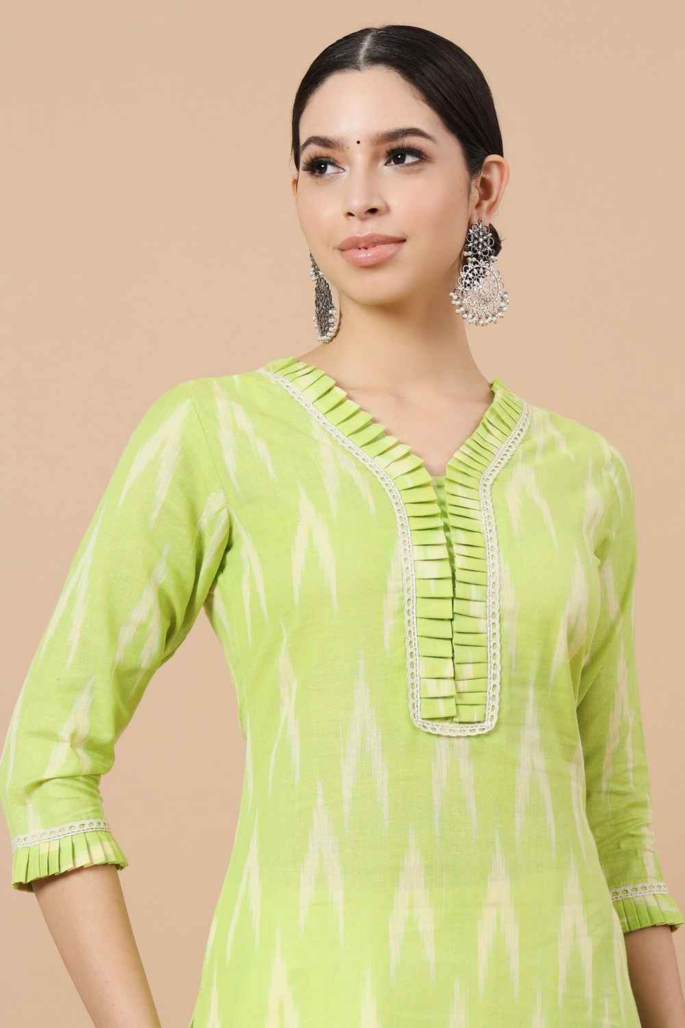 Green Ikat Print Pure Cotton Kurti Set