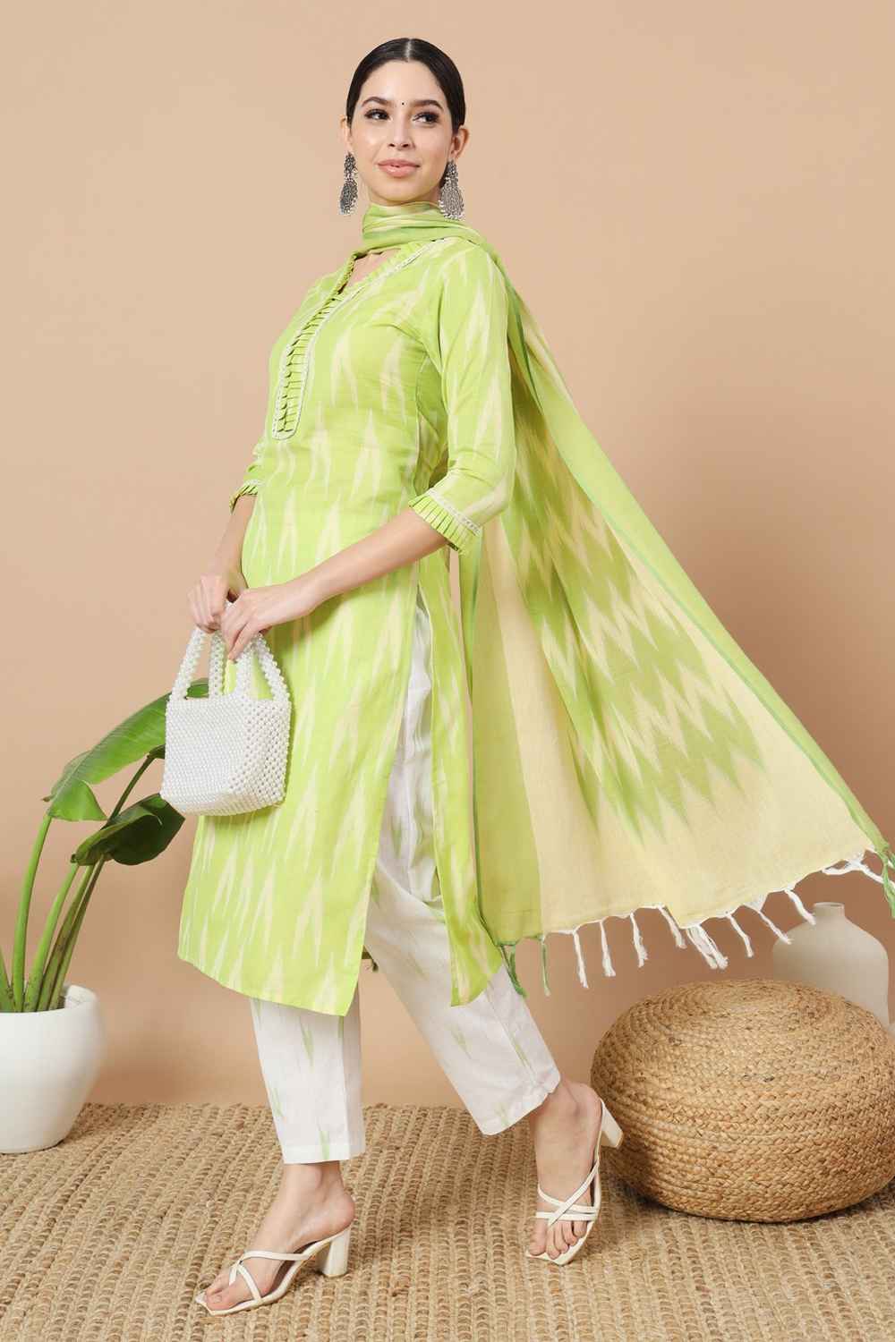 Green Ikat Print Pure Cotton Kurta Set