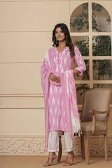 Pink Ikat Print Pure Cotton Kurta Set