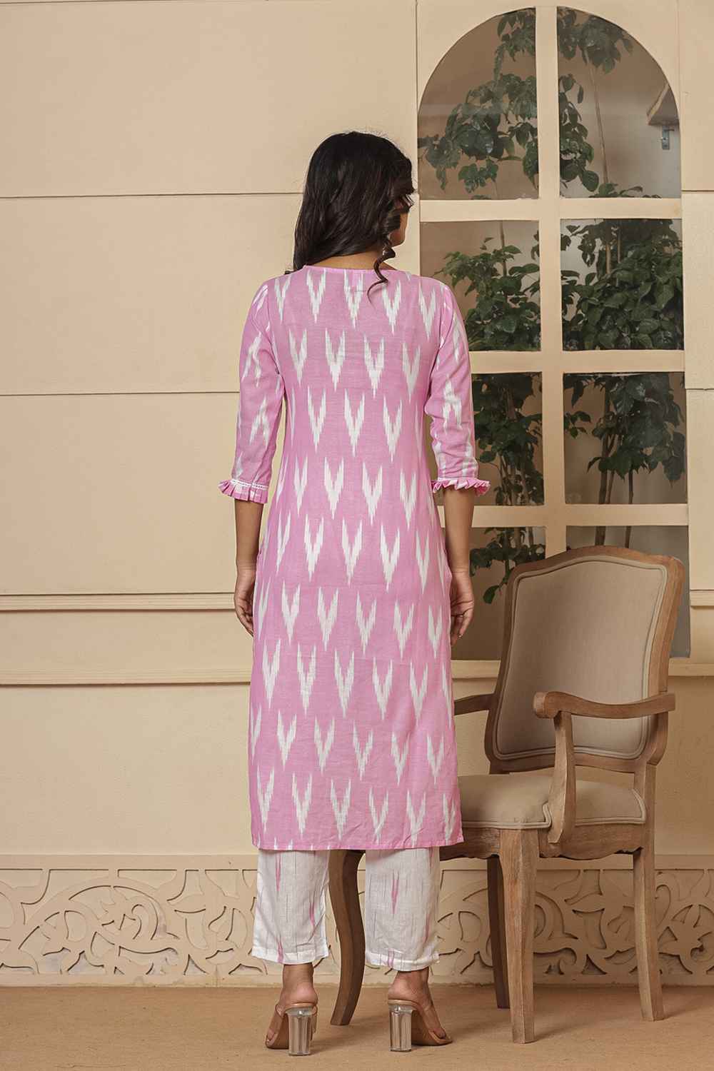 Pink Ikat Print Pure Cotton Kurti Set