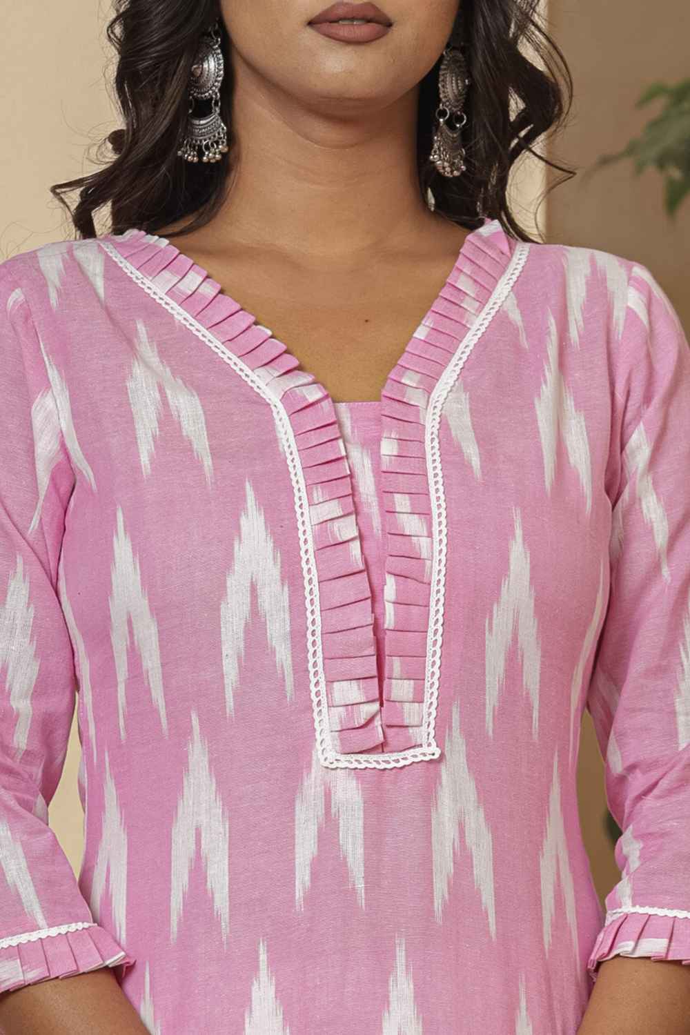 Pink Ikat Print Pure Cotton Kurti Set