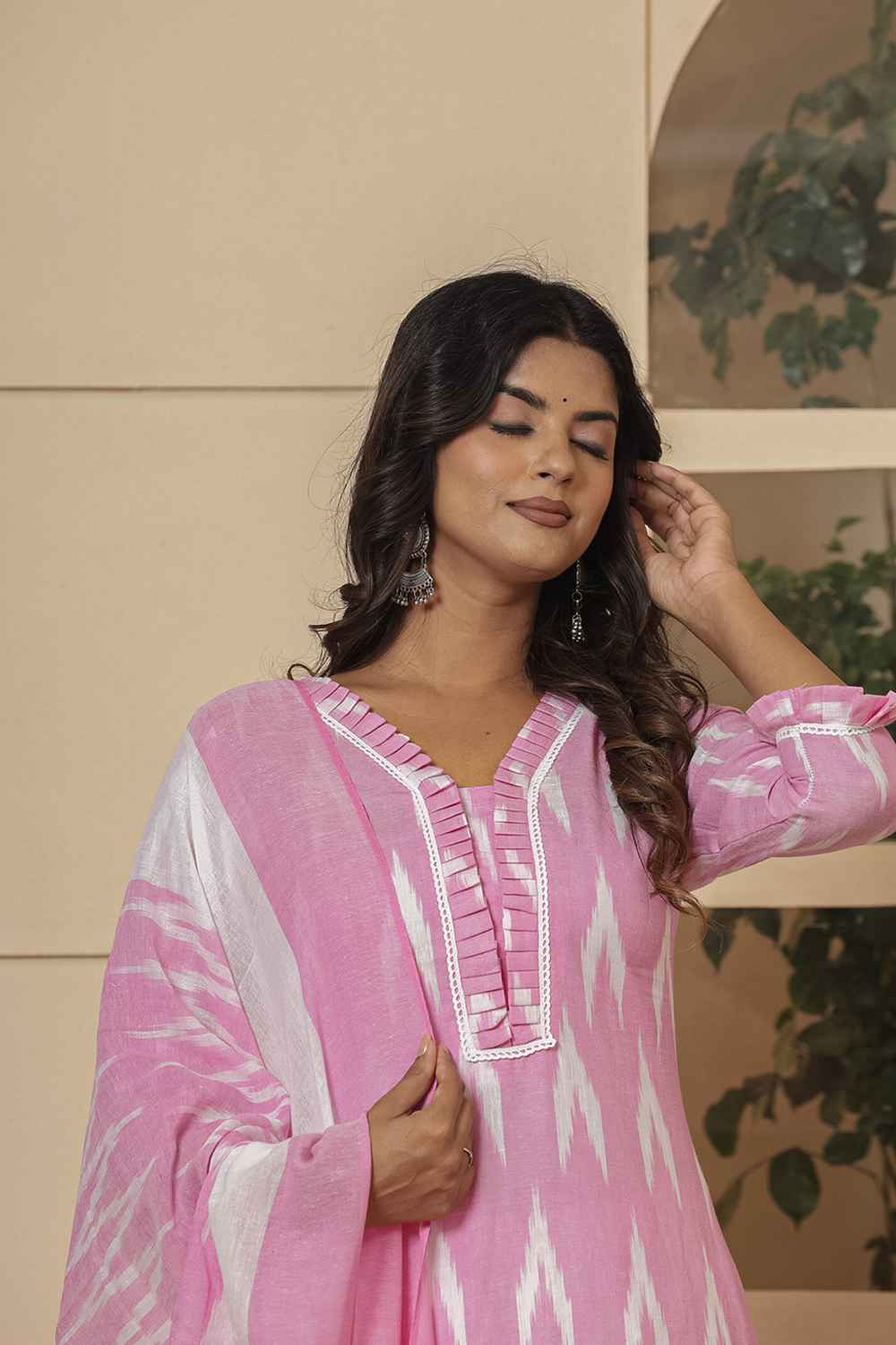 Pink Ikat Print Pure Cotton Kurta Set