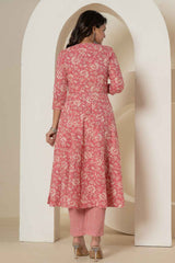 Pink Floral Print Mirror Workÿ Pure Cotton Kurta Set