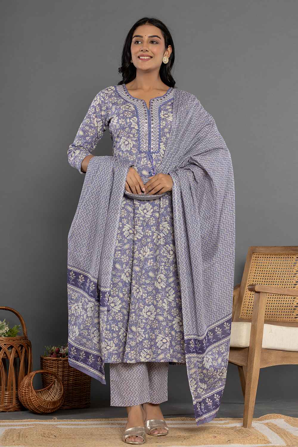 Violet Floral Print Mirror Workÿ Pure Cotton Kurta Set