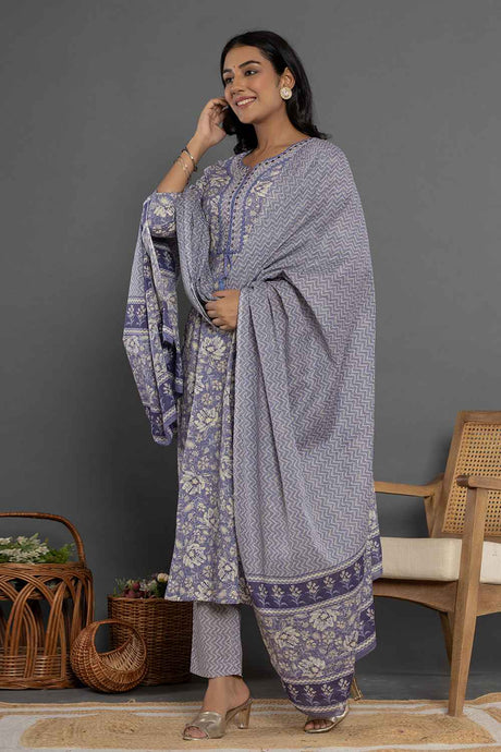 Violet Floral Print Mirror Workÿ Pure Cotton Kurta Set