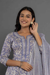 Violet Floral Print Mirror Workÿ Pure Cotton Kurta Set