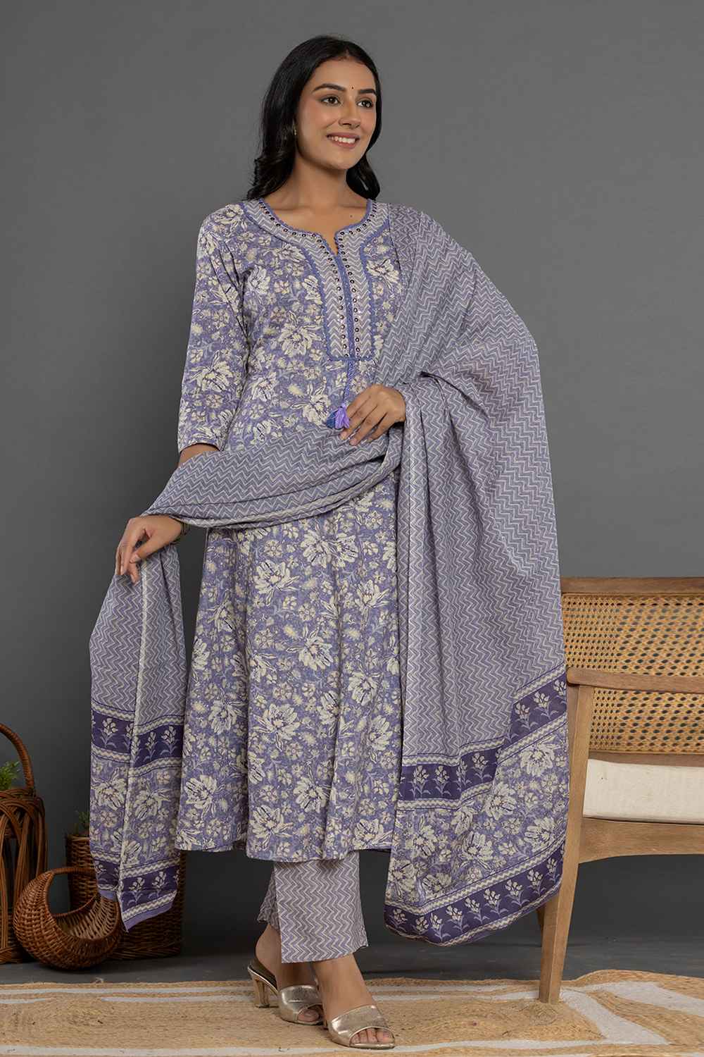 Violet Floral Print Mirror Workÿ Pure Cotton Kurti Set