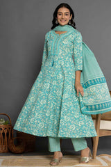 Turquoise Floral Print Mirror Workÿ Pure Cotton Kurta Set