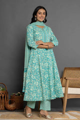 Turquoise Floral Print Mirror Workÿ Pure Cotton Kurta Set